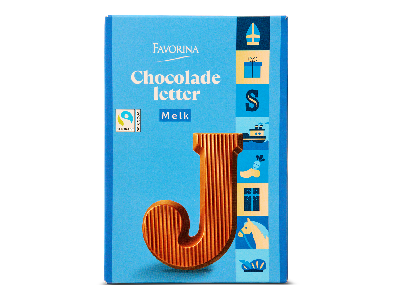 Chocoladeletter J van melkchocolade in een blauwe verpakking met Sinterklaas-thema.