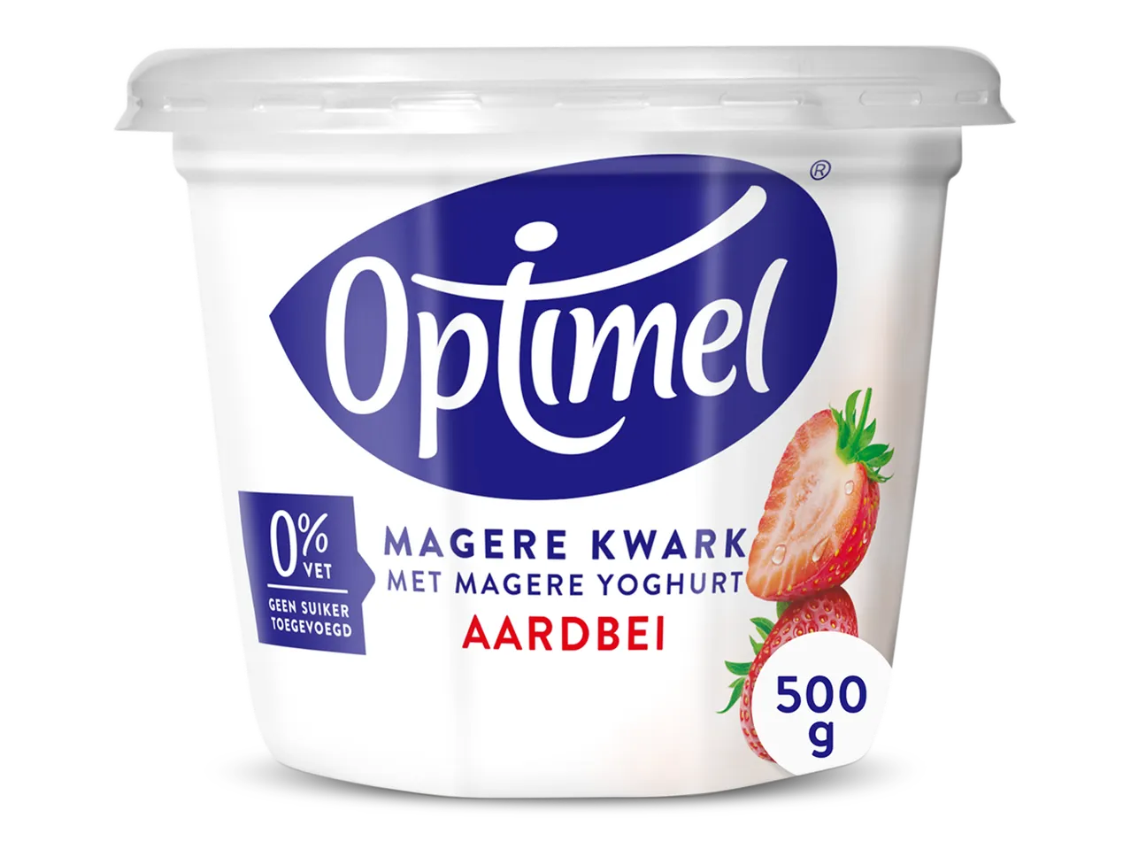 Witte kuip magere kwark met magere yoghurt en aardbei, 500g, 0% vet, geen suiker toegevoegd.