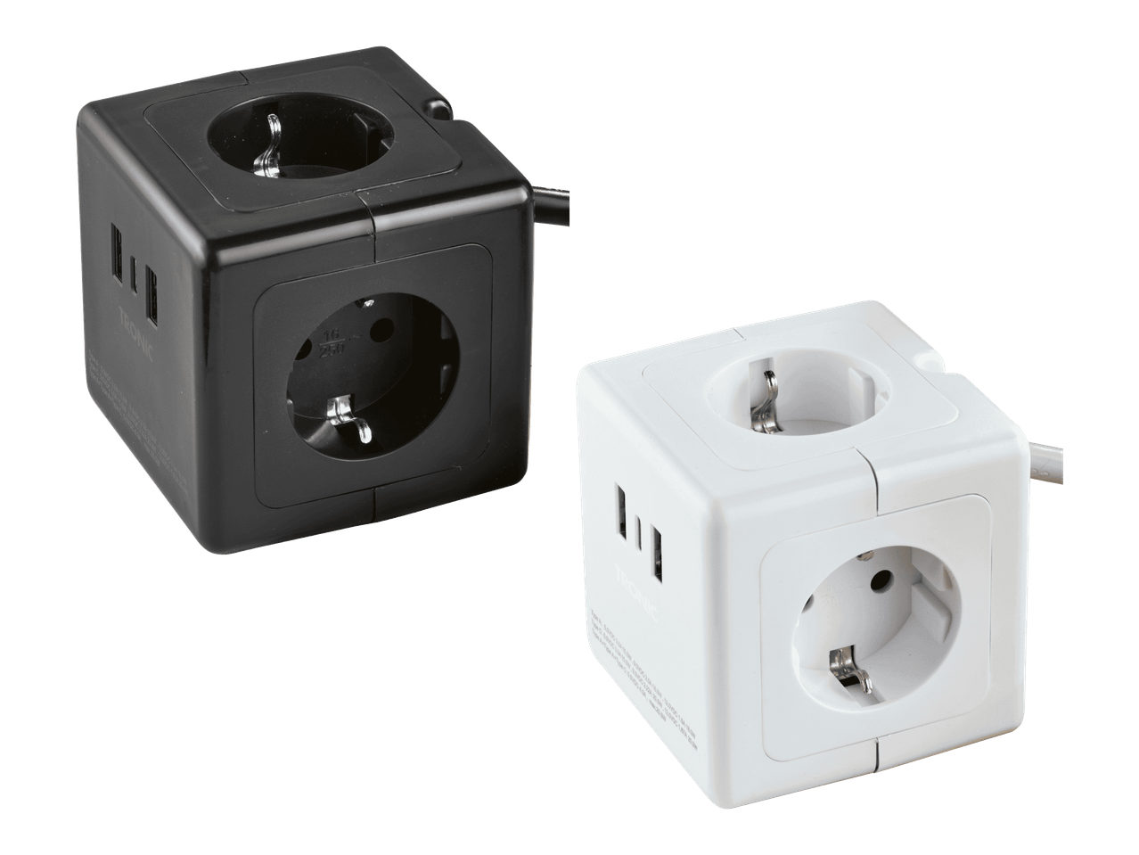 Musta ja valkoinen kuutionmuotoinen jatkojohto pistorasioilla ja USB-porteilla.