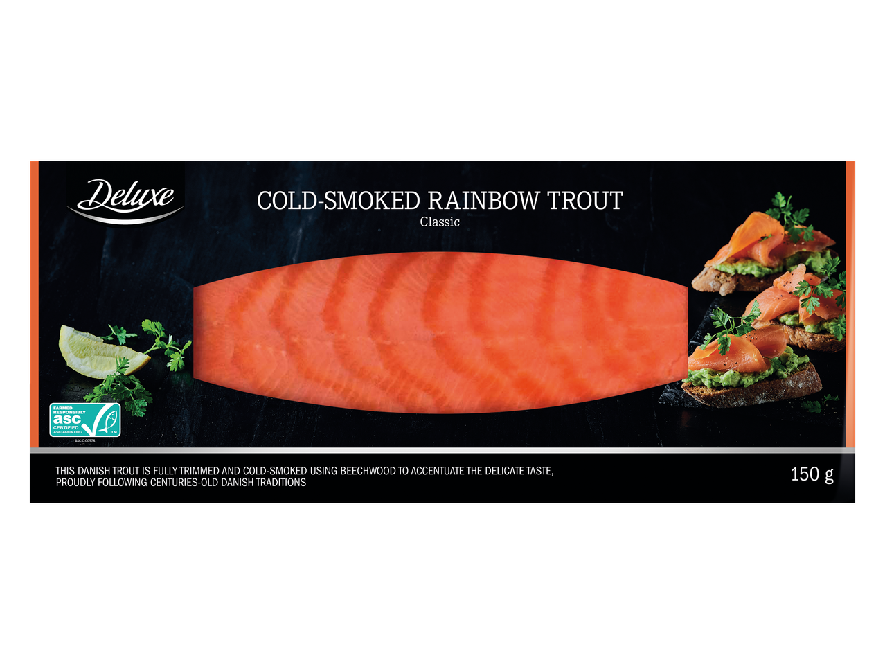 Deluxe koudgerookte regenboogforel: klassieke Deense specialiteit.