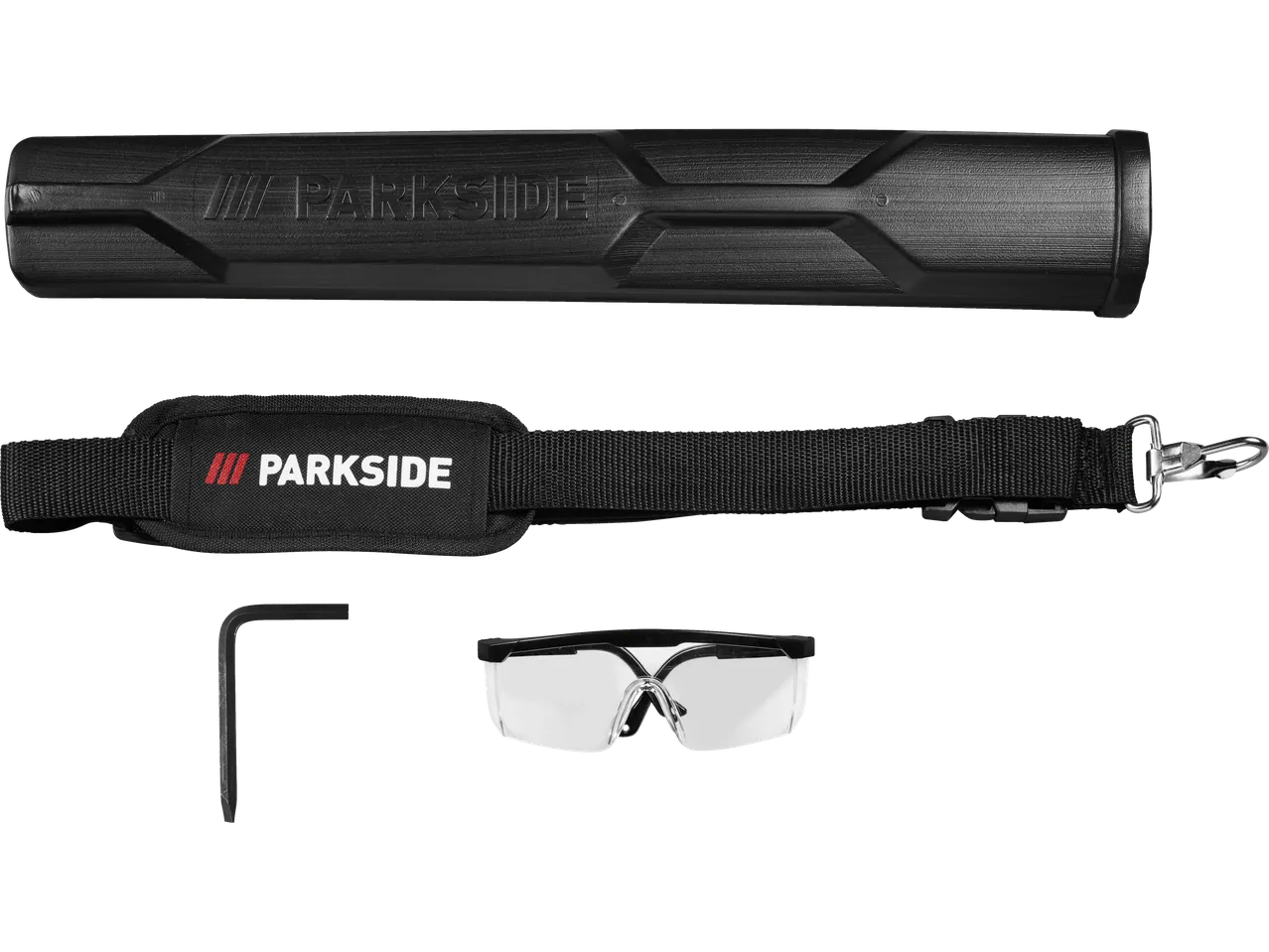 PARKSIDE® 20V Cordless Extendable Hedge Trimmer accessories: handle, strap, hex key, safety glasses.