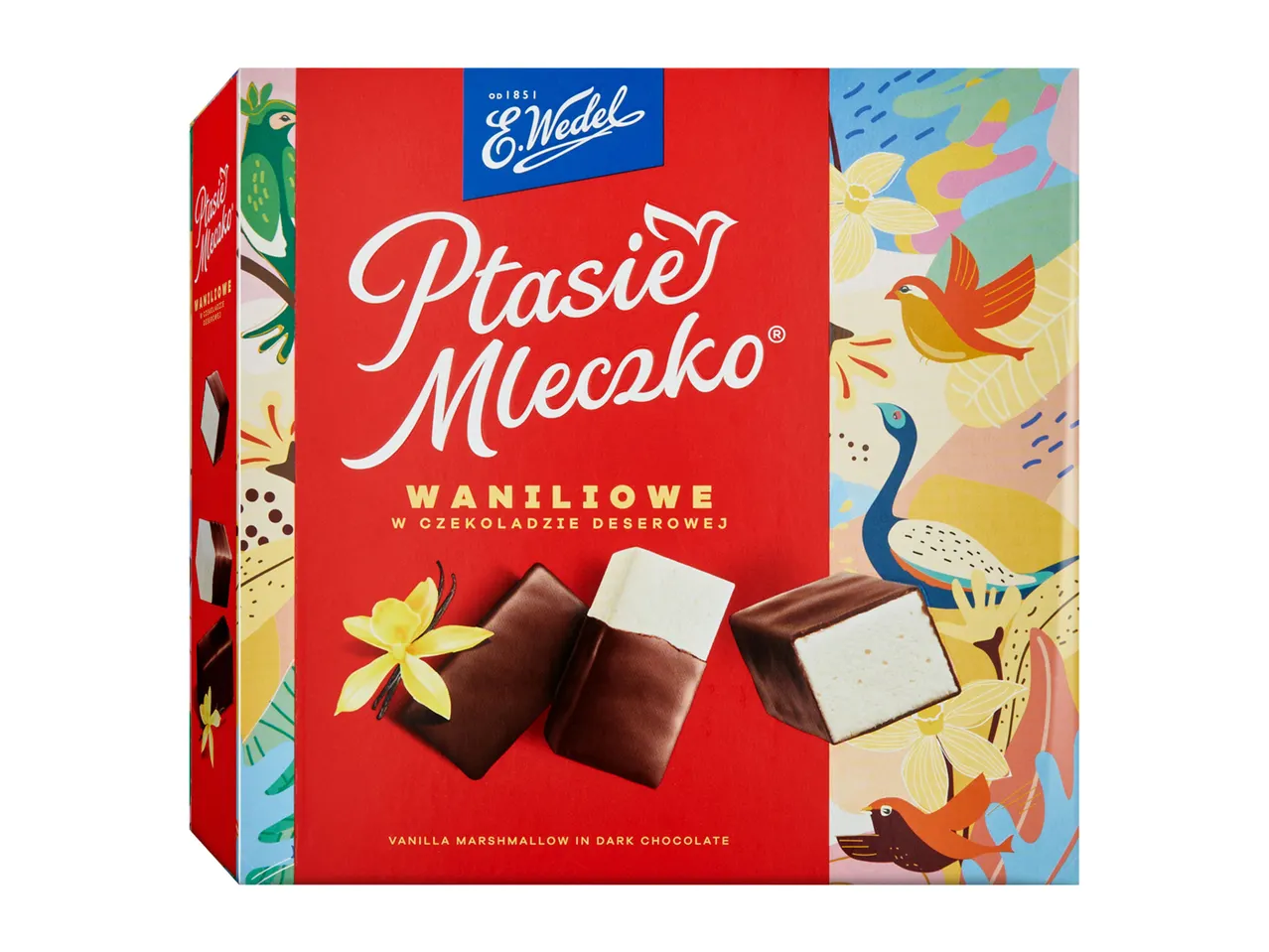 Ptasie Mleczko vanilla-flavored marshmallow candies in chocolate, by Wawel.