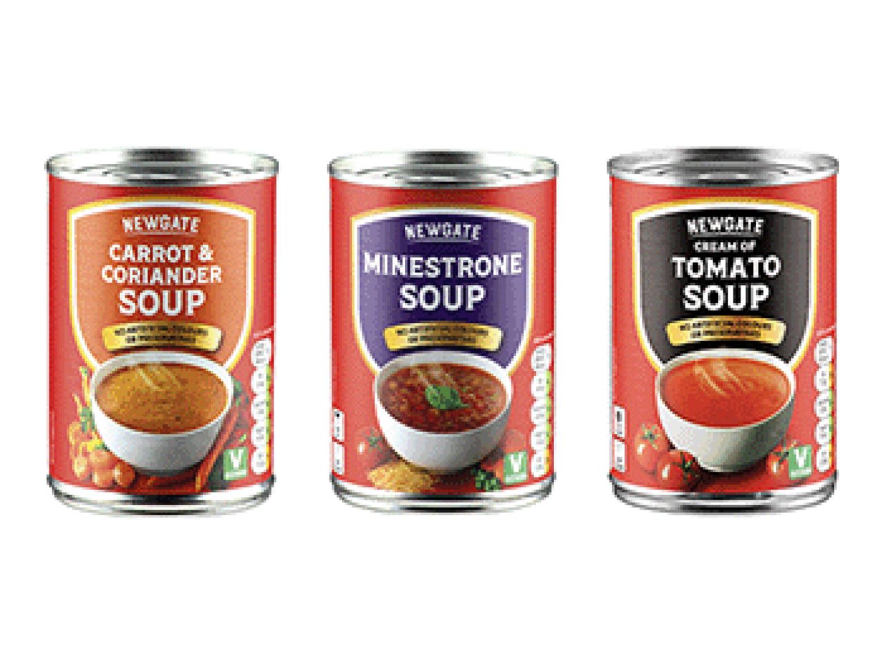 Three Newgate soup cans: Carrot & Coriander, Minestrone, and Cream of Tomato.