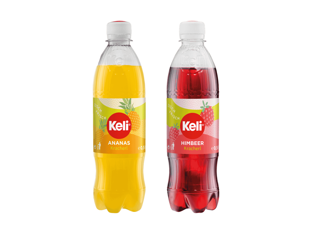 Keli Ananas und Himbeer Kracherl Limonadenflaschen