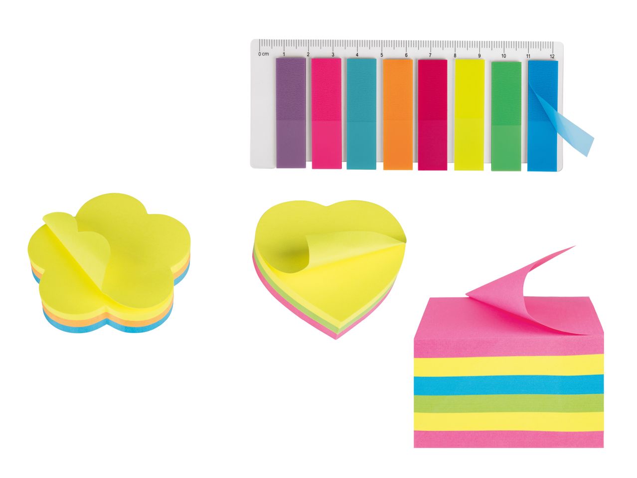 Bunte Haftnotizen in verschiedenen Formen: rechteckige Streifen, Blumen- und Herzform