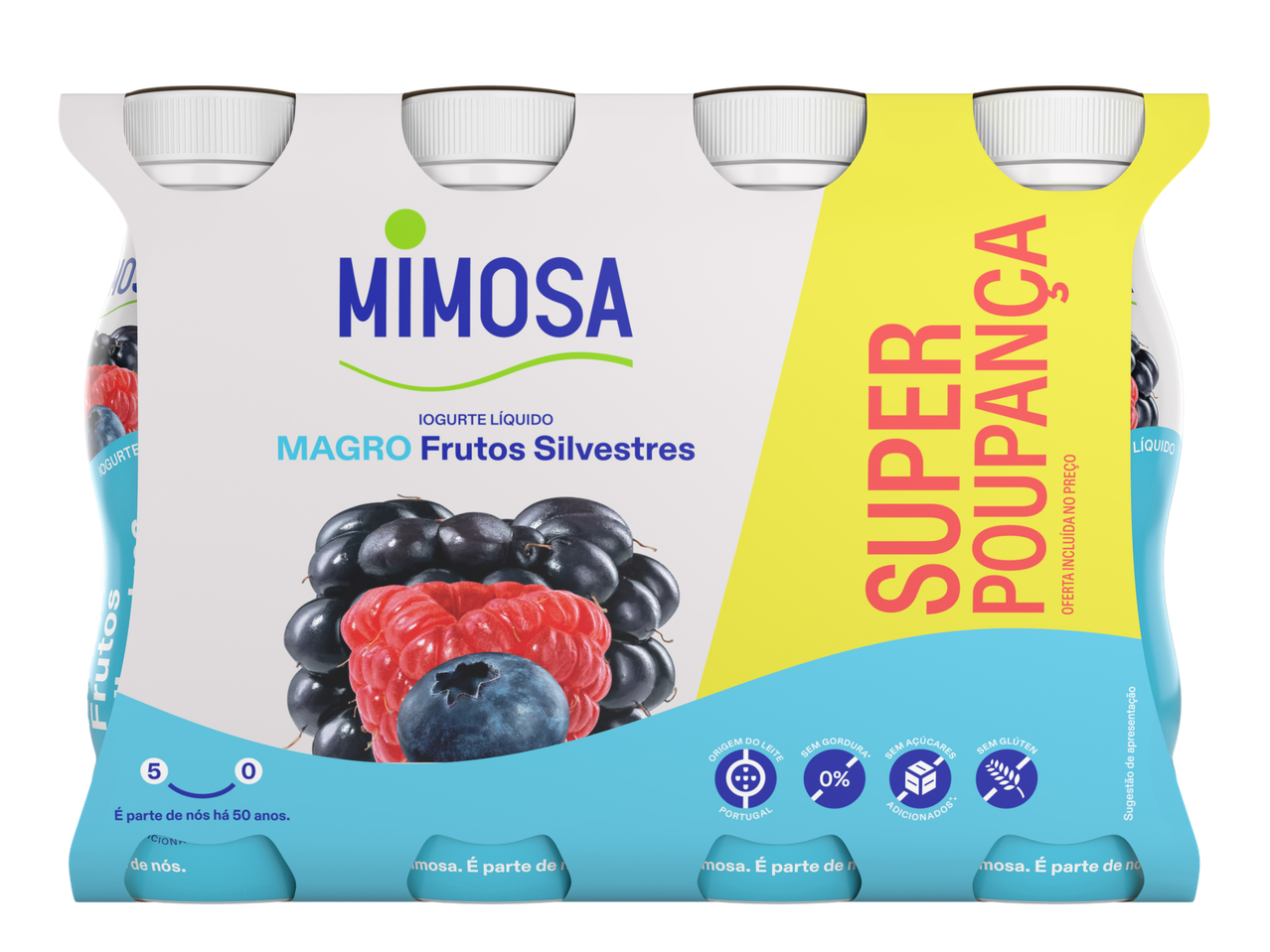 Pack de iogurtes líquidos magros de frutos silvestres, com a indicação 'Super Poupança'.