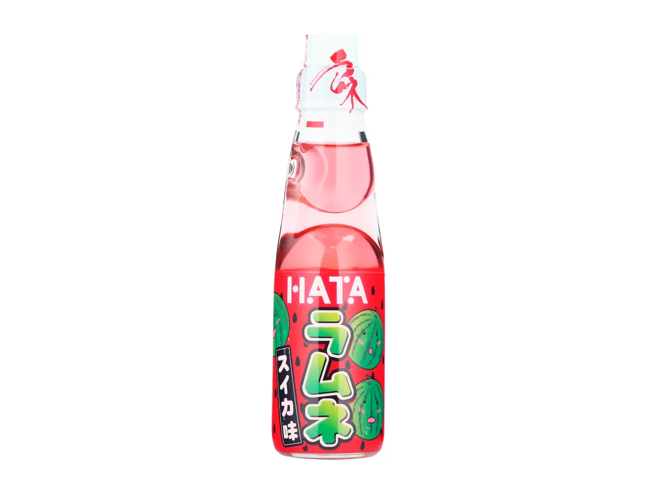 Watermelon-flavored Japanese soda bottle with a red label featuring cartoon watermelons.