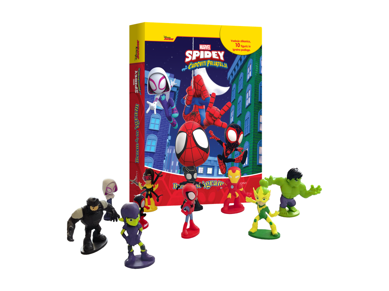 Škatla s knjigo in 10 figuricami Spidey in njegovi čudoviti prijatelji.