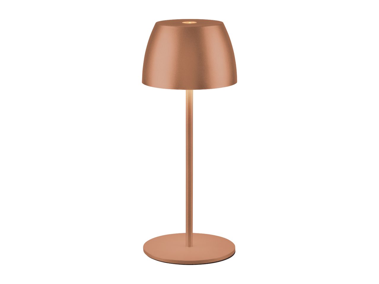 Copper-colored cordless LED table lamp with a round base and dome shade