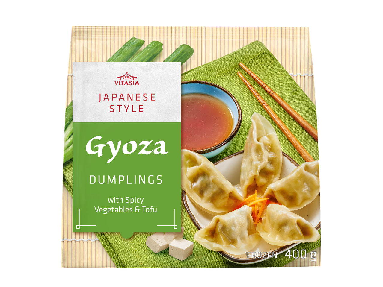 Vitasia gyoza estilo japonês com vegetais picantes e tofu