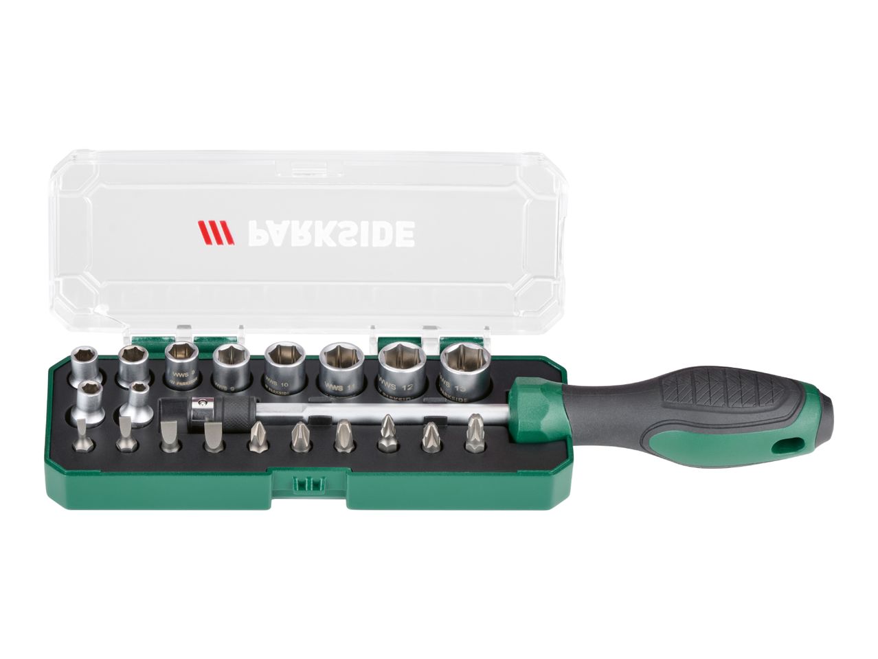 Screwdriver set with various bits and sockets in a green and clear case.