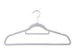 Light grey velvet clothes hanger with a metal hook