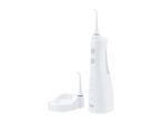 White cordless water flosser with a charging base and an extra nozzle.