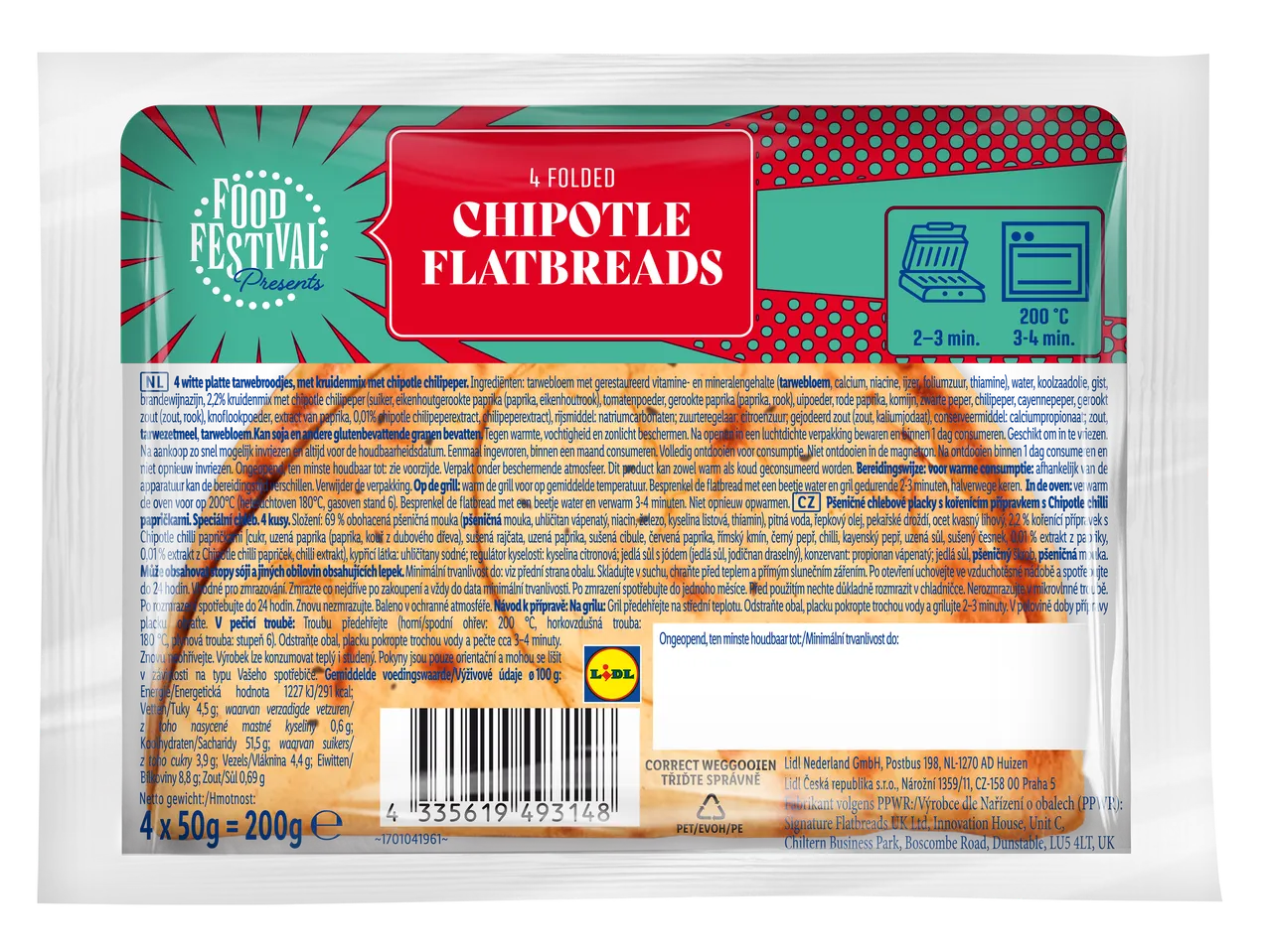 Verpakking van 4 gevouwen chipotle flatbreads met bereidingsinstructies en voedingswaarden.