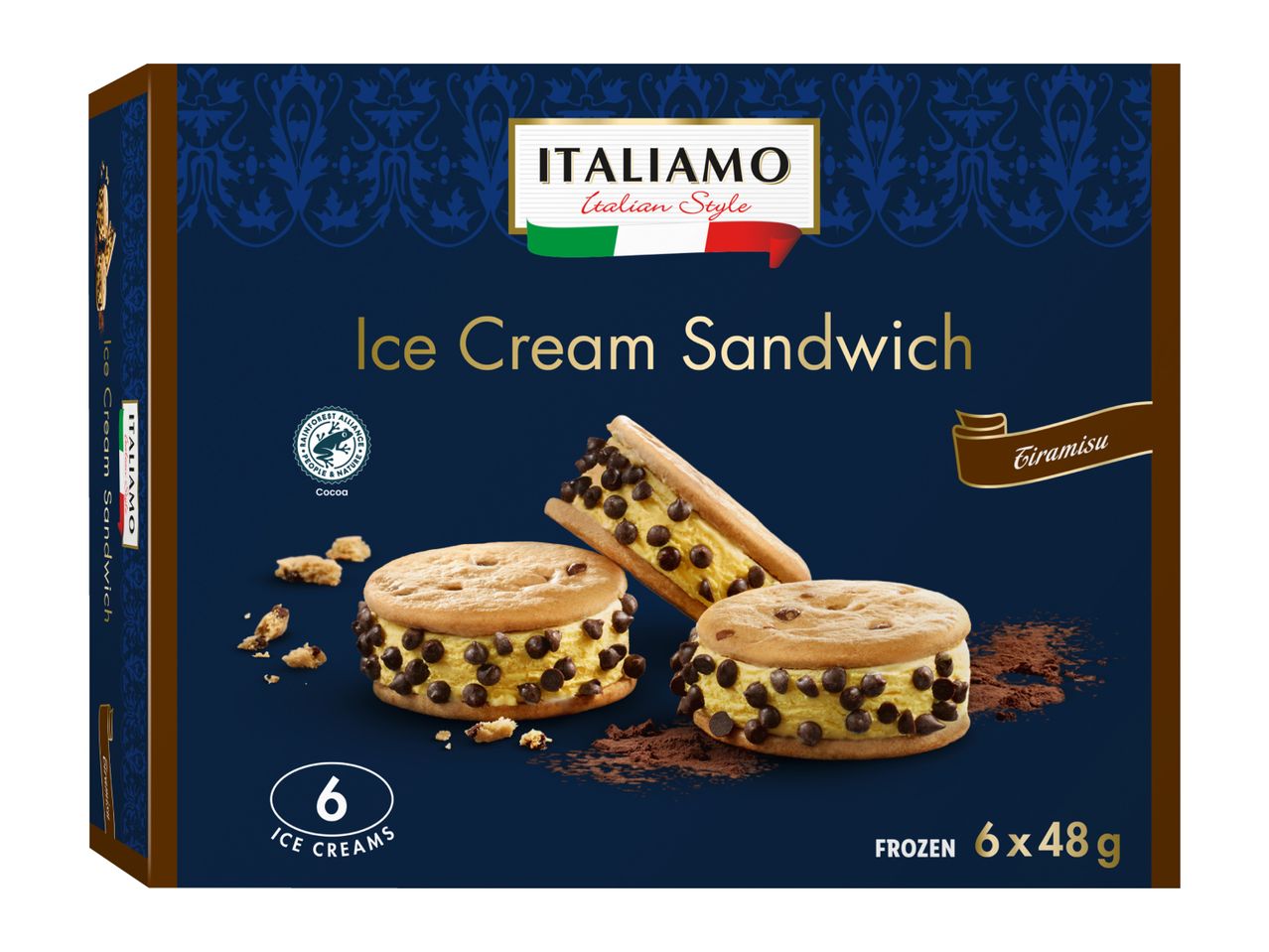 Ice cream sandwich box with tiramisu flavor, 6 frozen ice creams, 6x48g.