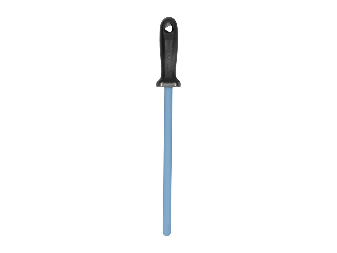 Blue ceramic sharpening rod with a black handle