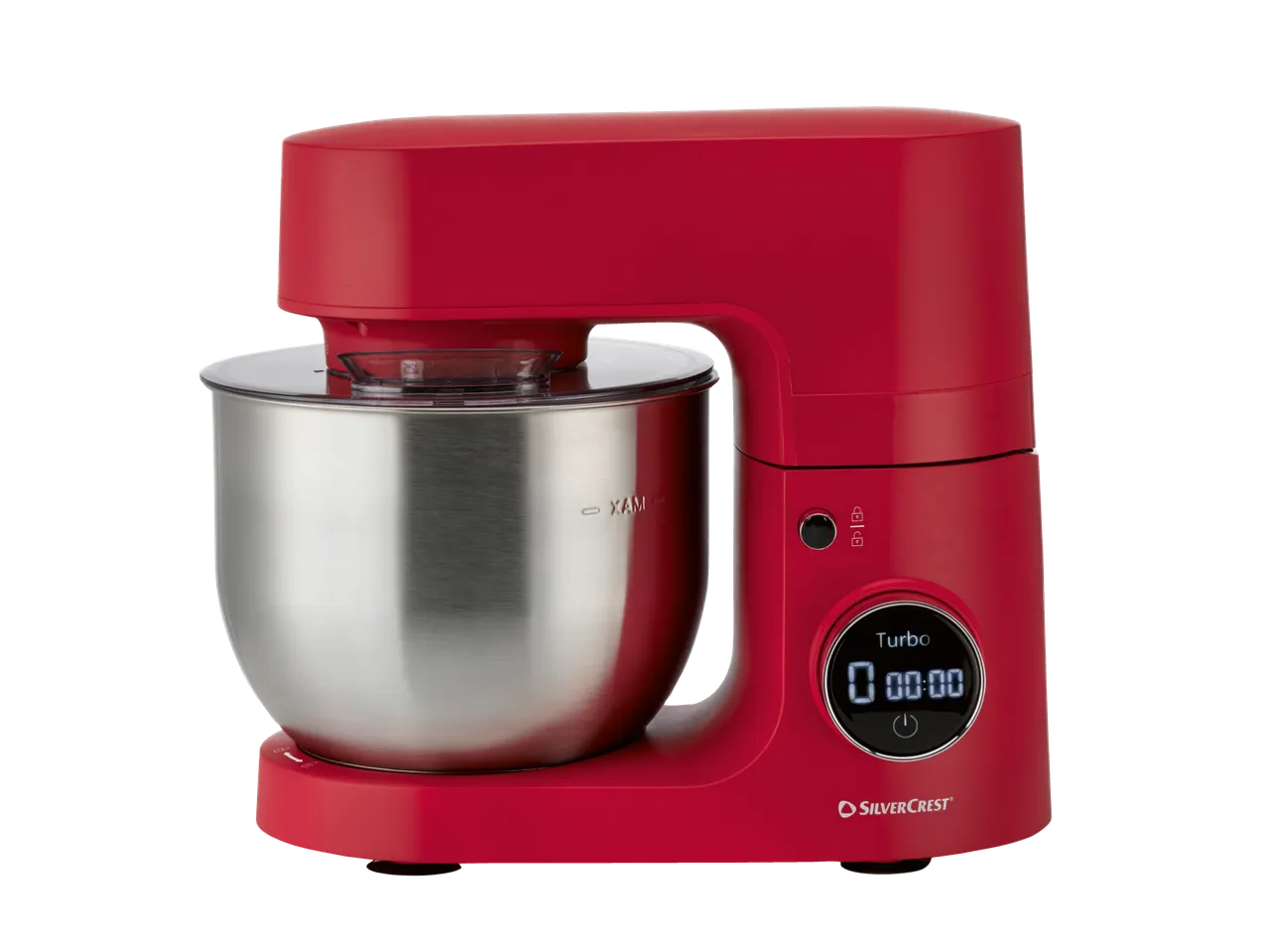 Matriket punane köögikombain roostevabast terasest kausi ja digitaalse ekraaniga.