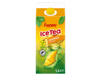 Brique de thé glacé Freeway saveur mangue, 1,5L, avec logo vegan et Rainforest Alliance.