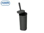Grey toilet brush with a woven-look holder, lid slightly ajar