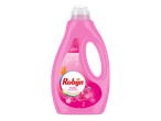 Roze wasmiddelfles met bloemen en een vlinder, met de tekst 'Langdurige geursensatie'.