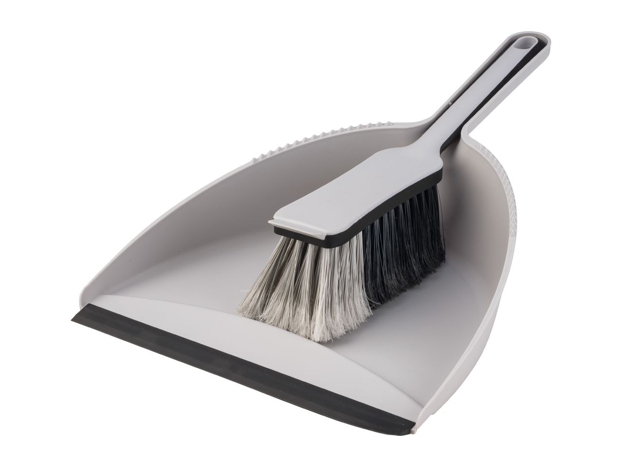 Grey dustpan and brush set with black bristles, angled view.