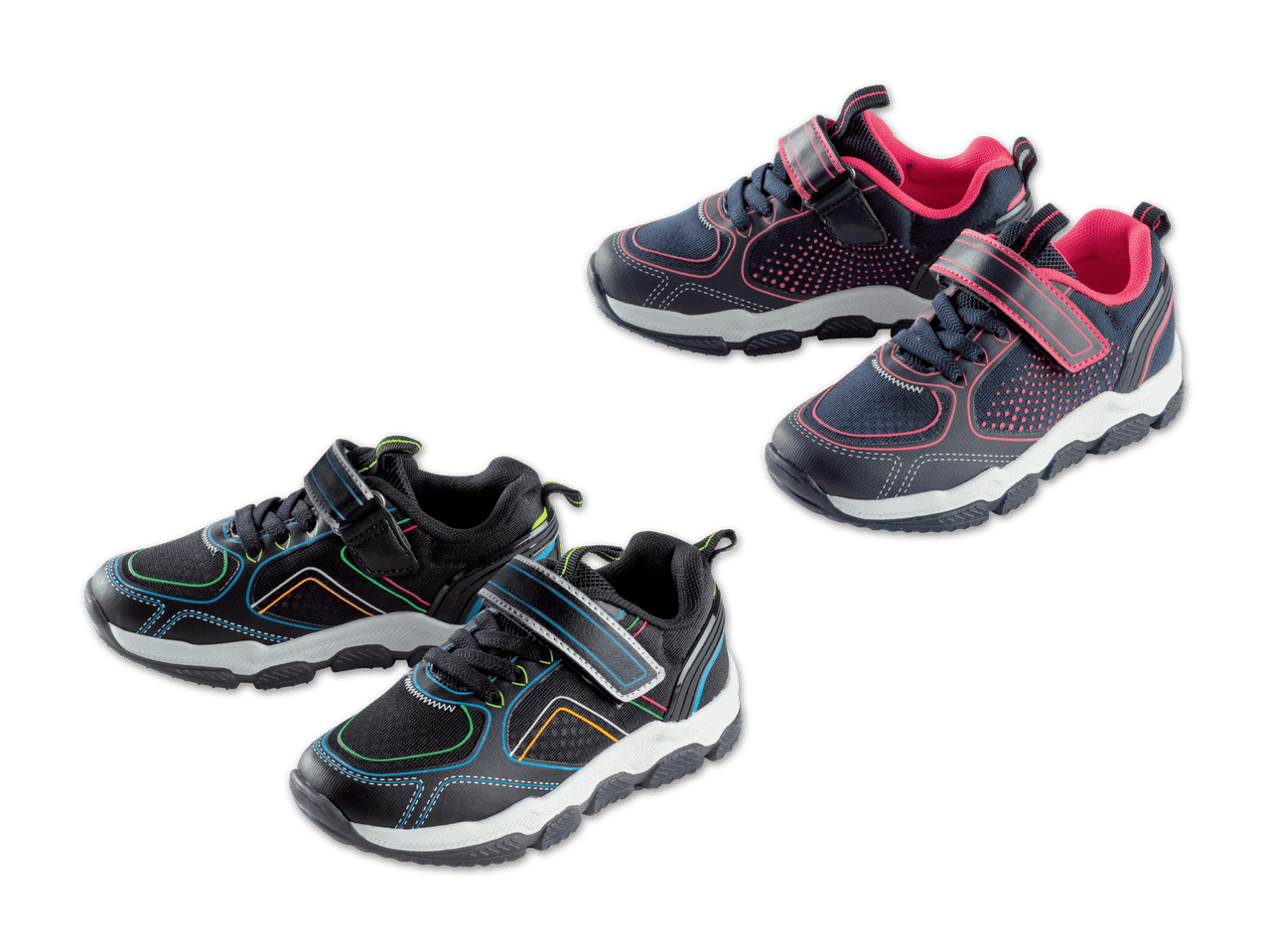 Zwei Paar Kindersportschuhe, ein Paar in Schwarz mit bunten Akzenten und ein Paar in Marineblau mit Pink.