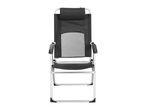 Black and silver folding camping chair with armrests and headrest.