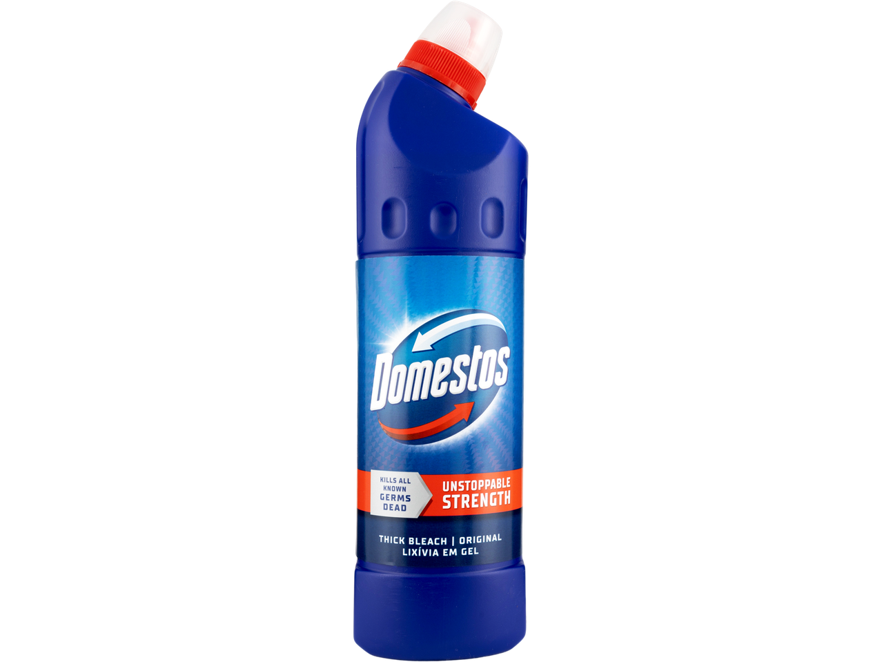 A blue bottle of Domestos Thick Bleach, with a white and red cap.