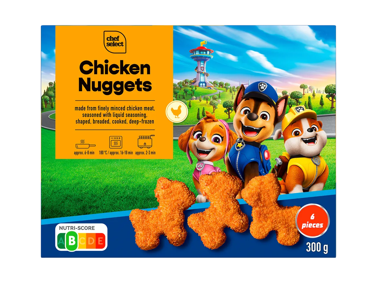 Paquet de nuggets de poulet en forme de patte, avec des personnages de dessin animé et le Nutri-Score A.