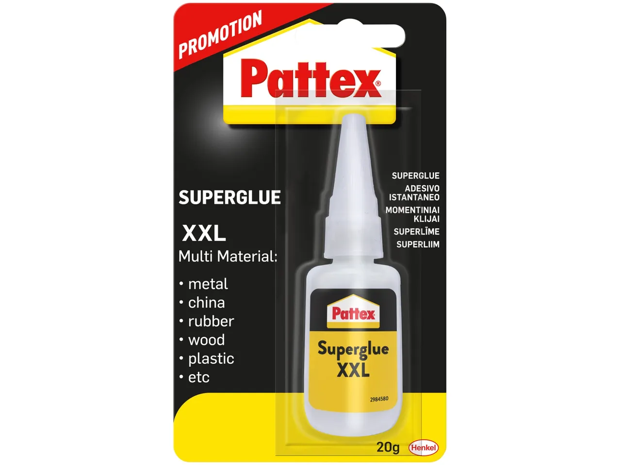 Tubo di colla Pattex Super Glue XXL da 20g, multimateriale.