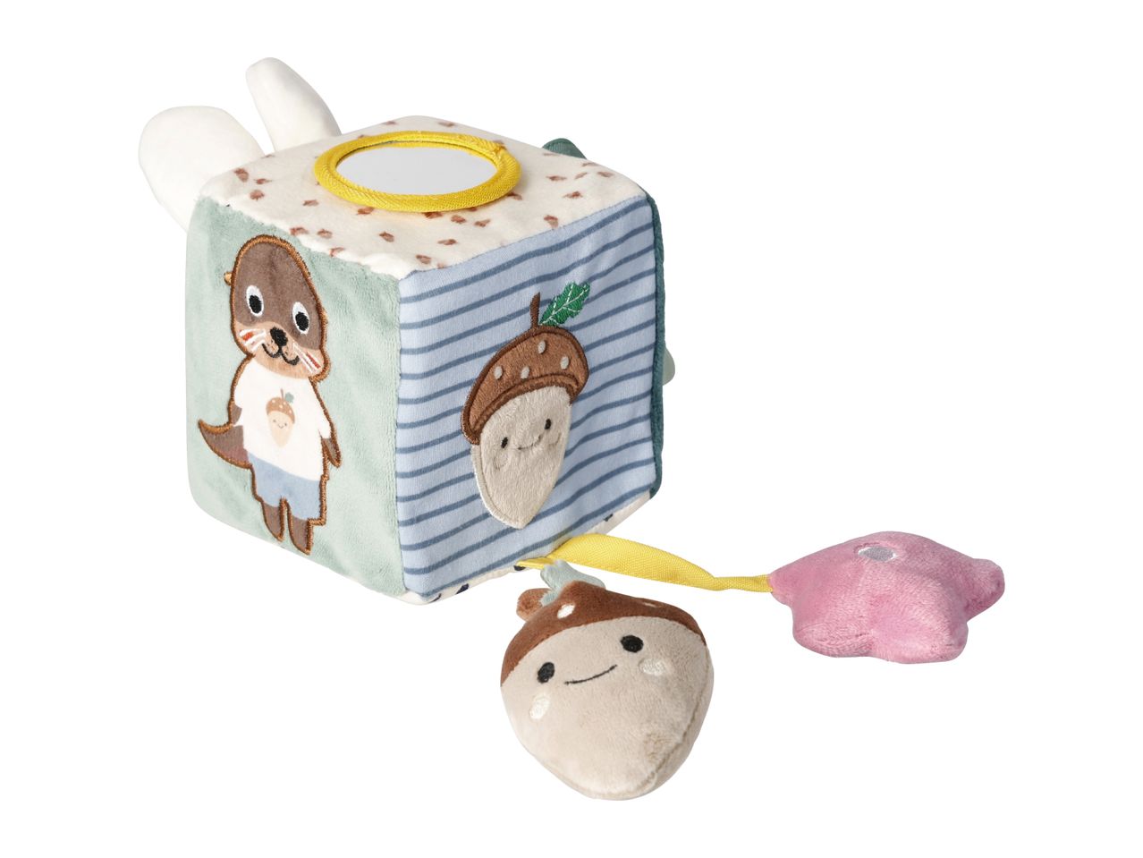 Plush activity cube with otter, acorn, and star attachments.