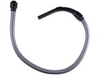 A gray vacuum cleaner hose with black connectors.