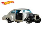 Silver toy car with exposed engine and blue windows
