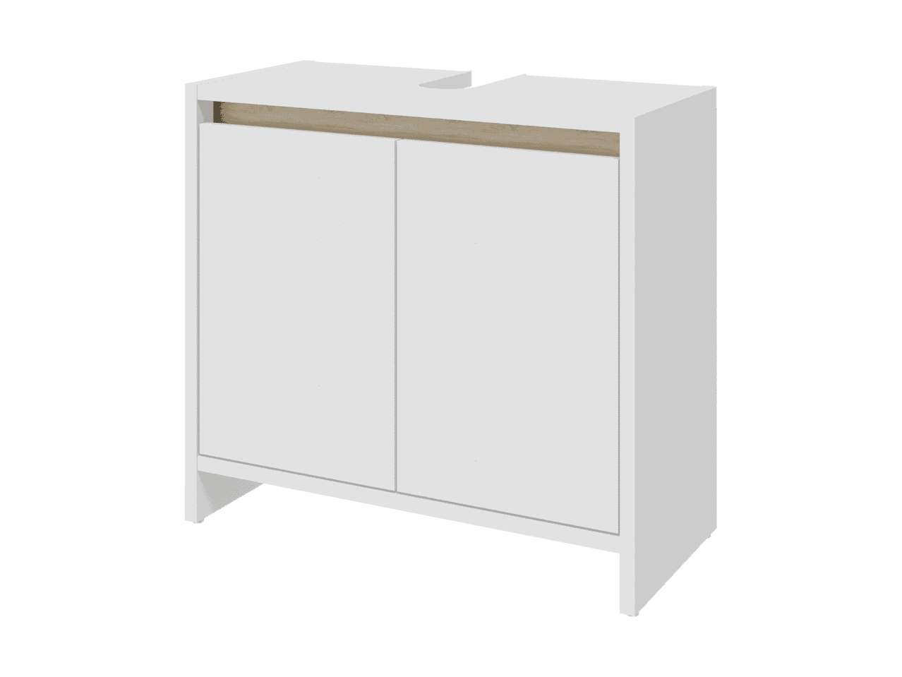 Meuble sous-vasque blanc à deux portes avec plateau supérieur effet bois.