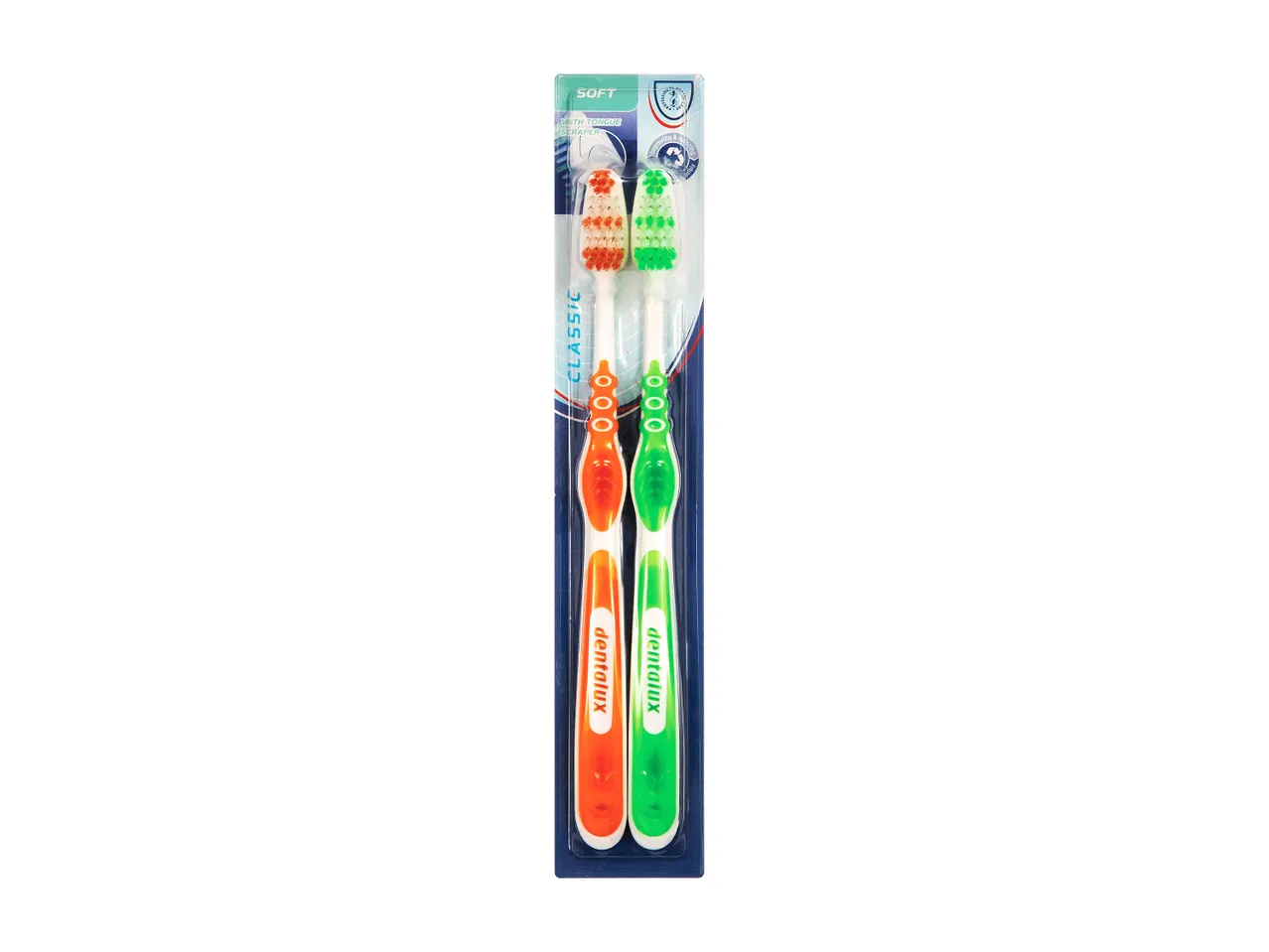 Two soft Dentalux toothbrushes in a package.