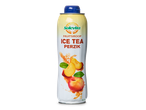 Solevita Fruitsiroop Ice Tea Perzik in een fles met perziken en bladeren