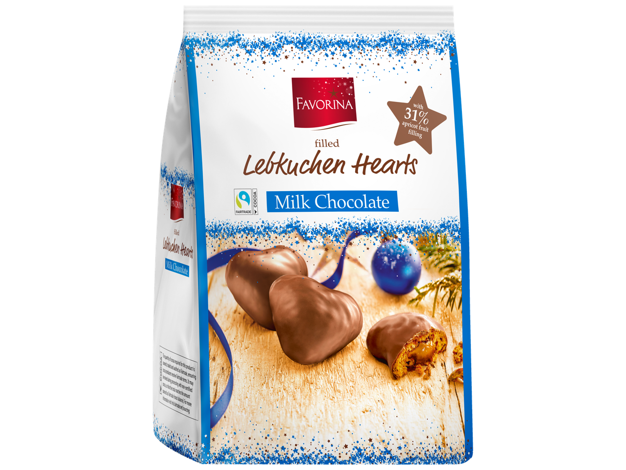 Favorina Chocolate Gingerbread Hearts with 31% apricot fruit filling.