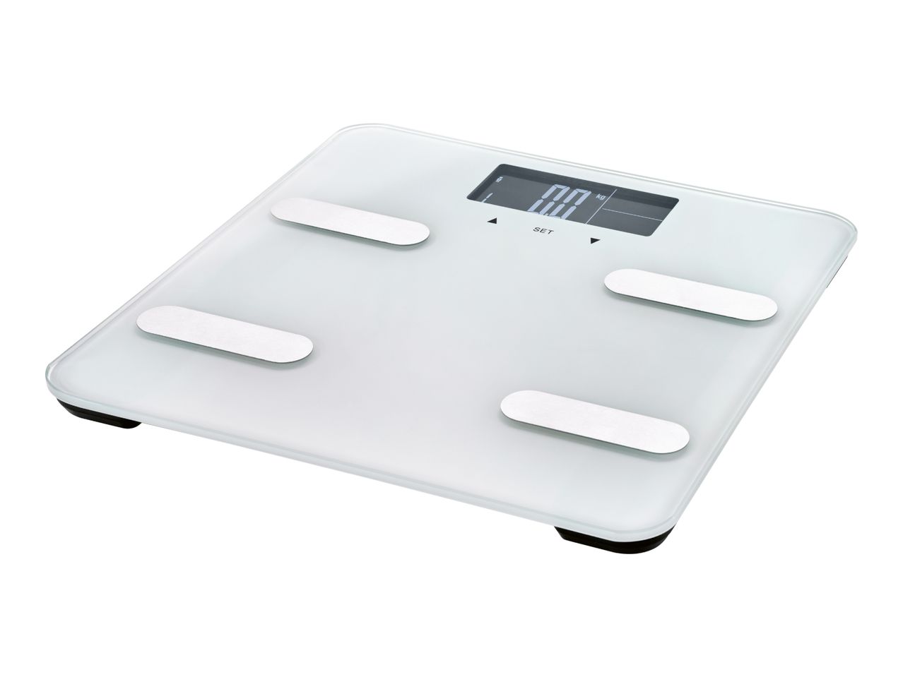 White digital bathroom scale with a display showing '0.0 kg' and four silver electrode pads.