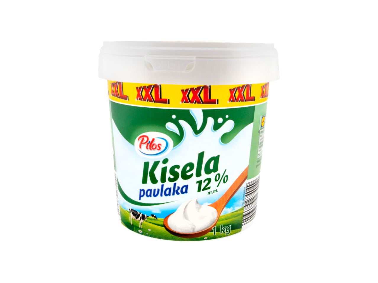 Kanta pavlake od 1 kg sa 12% mlečne masti, sa kravama na pašnjaku i kašikom pavlake.