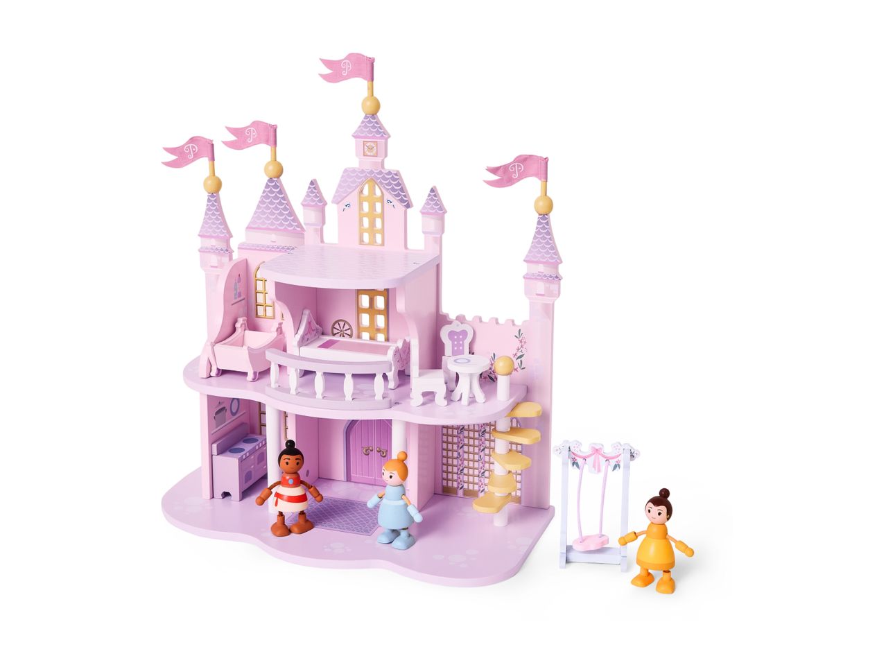 Pink wooden princess castle dollhouse with furniture, three dolls, and a swing set.