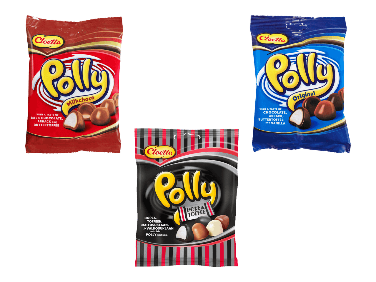 Cloetta Polly-karkkien pusseja: maitosuklaa, alkuperäinen ja hopeatoffee.
