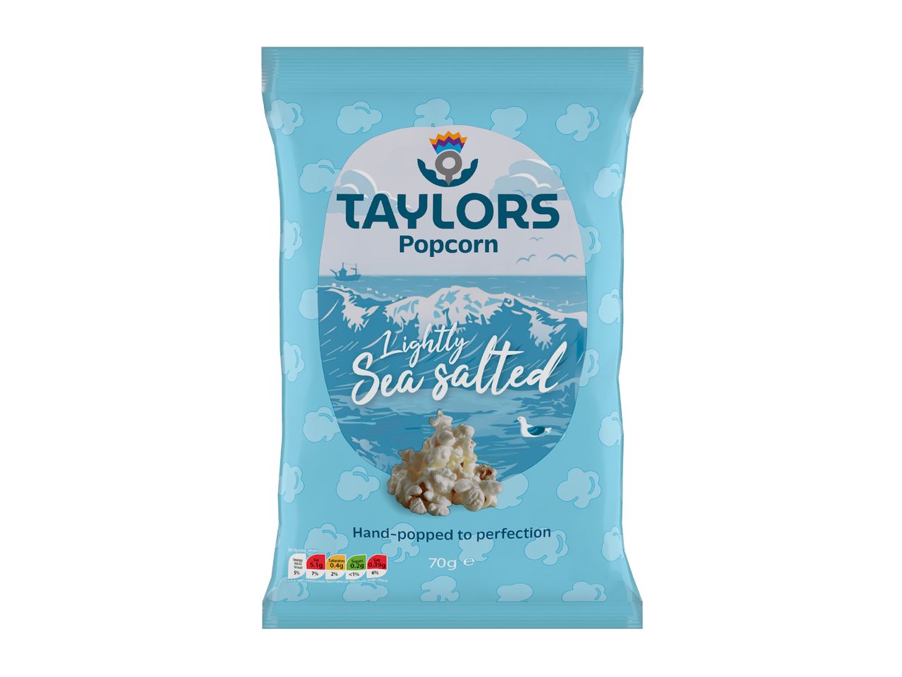 Lightly sea-salted popcorn in a blue bag with a sea and boat design.