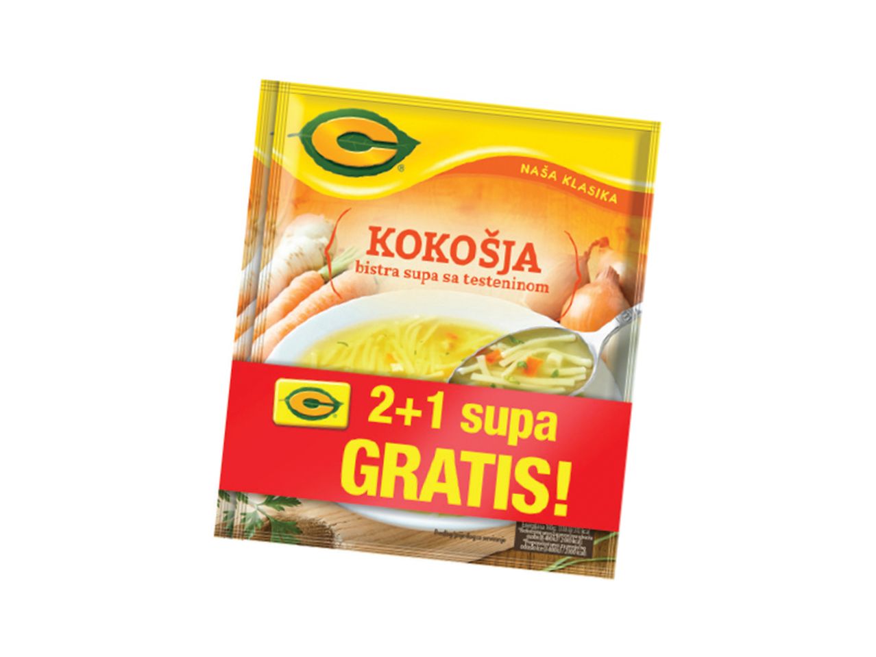 Pakovanje kokošje supe sa testeninom, sa natpisom '2+1 supa GRATIS!'