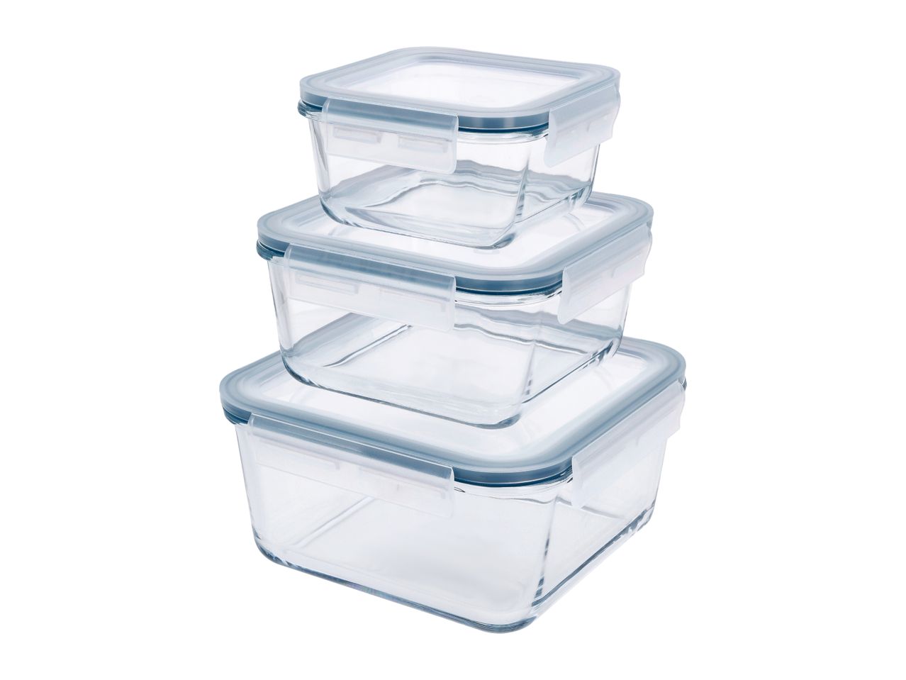 Stack of three clear glass food storage containers with light blue lids and clasps.
