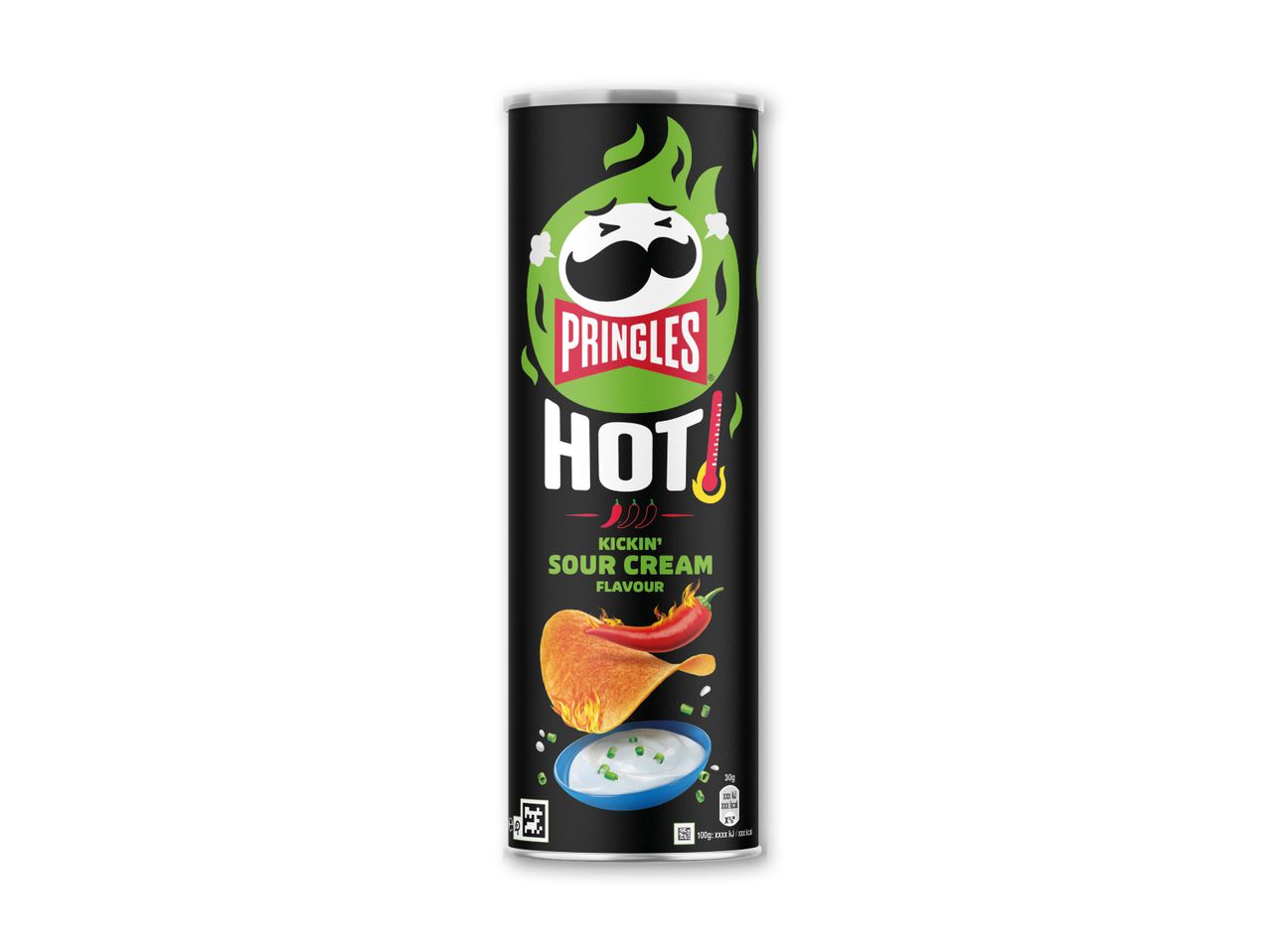 Pringles Hot Kickin' Sour Cream-chips i en sort beholder.