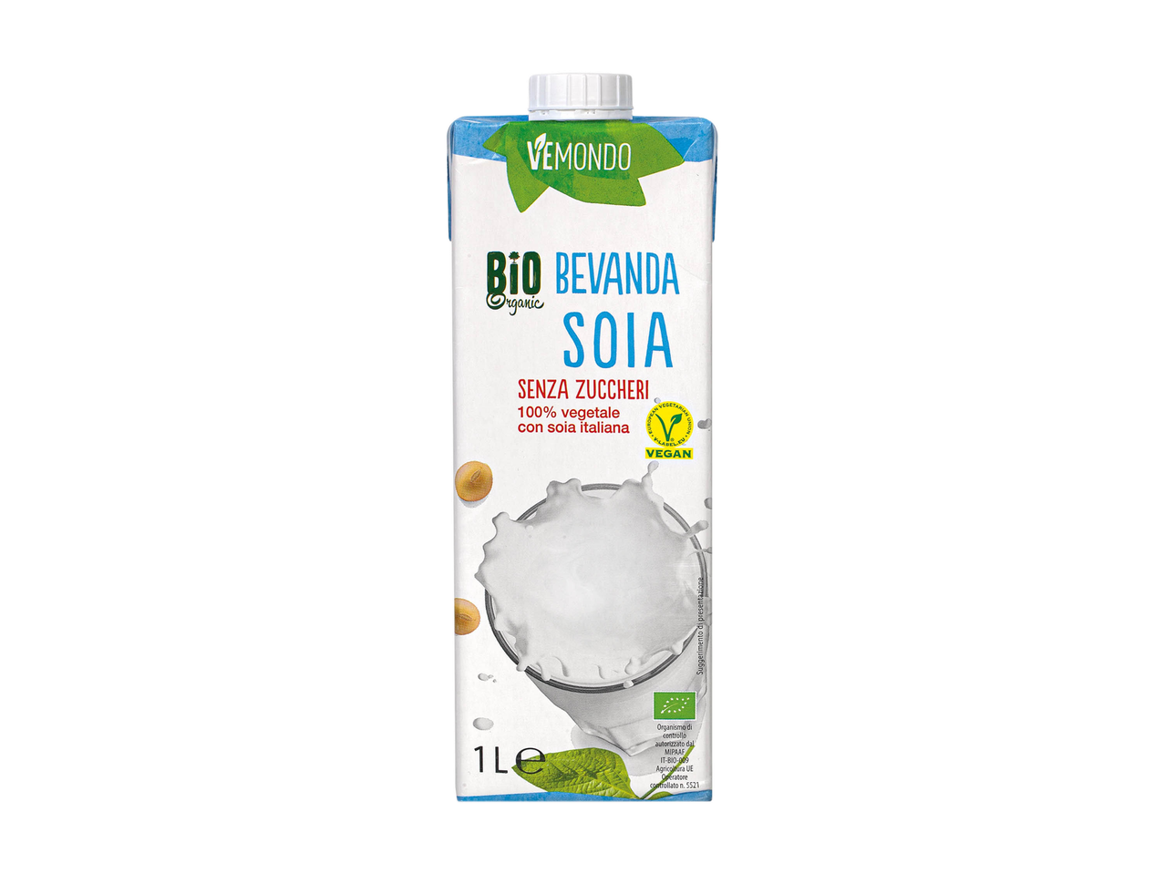 Cartone di bevanda di soia biologica VEMOND con la scritta 'SENZA ZUCCHERI' e '100% vegetale con soia italiana'.