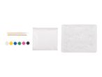 Craft kit with animal molds, paint, brushes, and plaster mix.