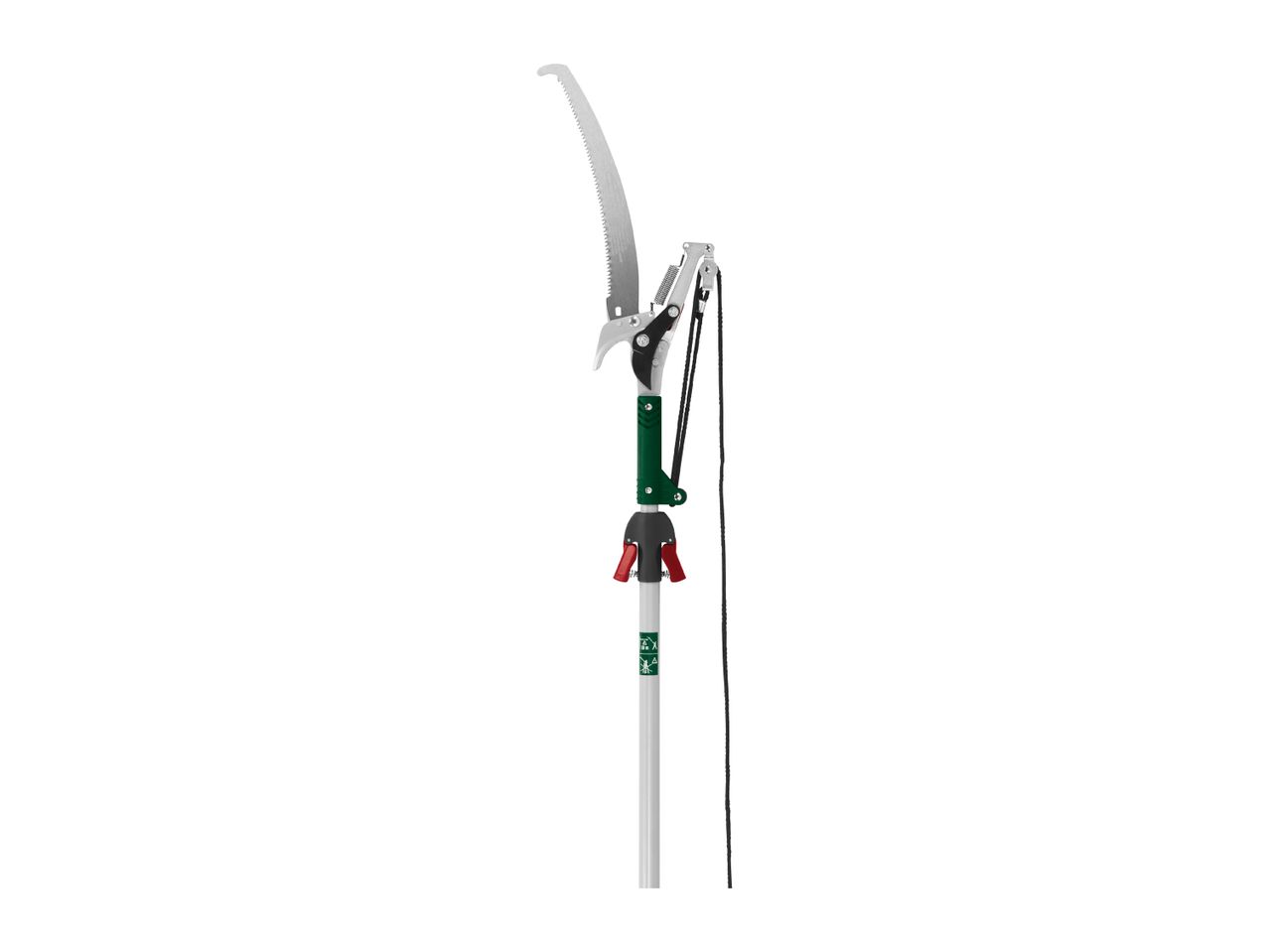 Pole saw and pruner with a long handle and rope mechanism for high branches.