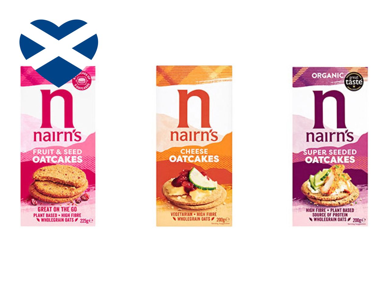 Three Nairn's oatcake packages: Fruit & Seed, Cheese, and Super Seeded, with a Scottish flag heart.