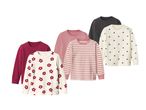 Dječje majice dugih rukava u raznim bojama i uzorcima, uključujući prugice, točkice i cvjetove.
